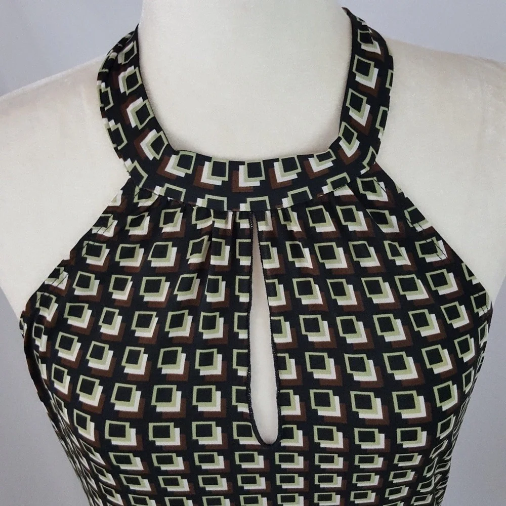 Tempted Y2K Geometric Print Halter Top Keyhole Open Back‎ Black Brown Green